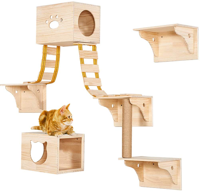TINTON LIFE 9Pcs Wall Wood Cat Climber Set - 2 Cat Condos Houses & 4 Cat Shelves & 2 Ladders & 1 Sisal Cat Scratching Post Cat Steps Cat Perch Cat Bed