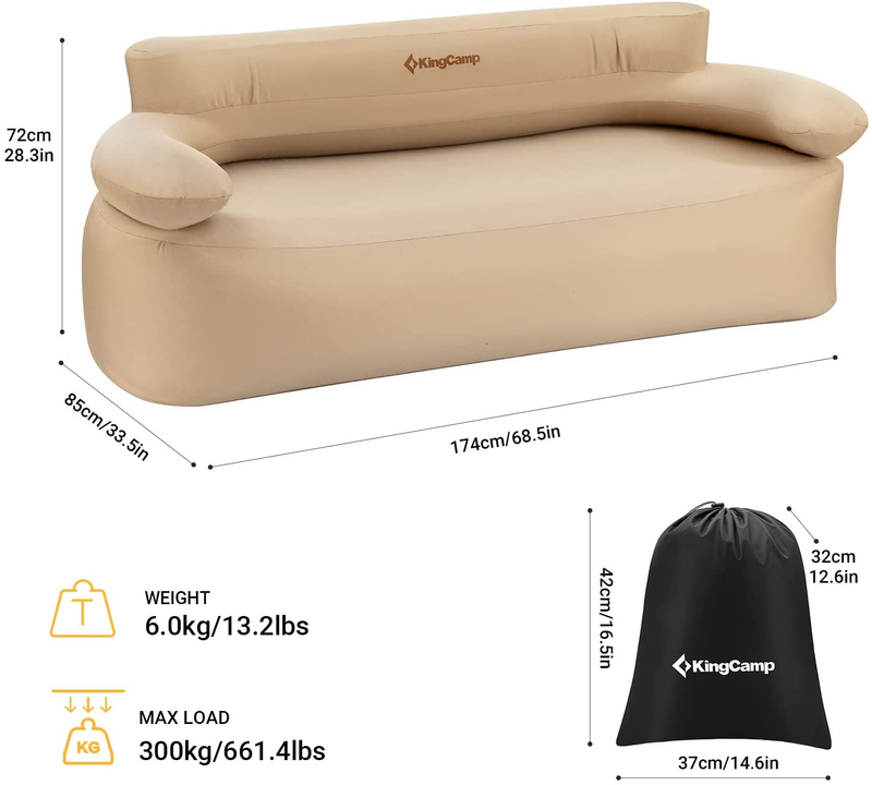 Kingcamp Folding Air Sofa Chair Support up to 660 Lbs Waterproof Inflatable and Portable Air Sofa for Garden Outdoor Camping Picnic or Indoor Furniture (Khaki-Double) Sporting Goods > Outdoor Recreation > Camping & Hiking > Camp Furniture KingCamp   