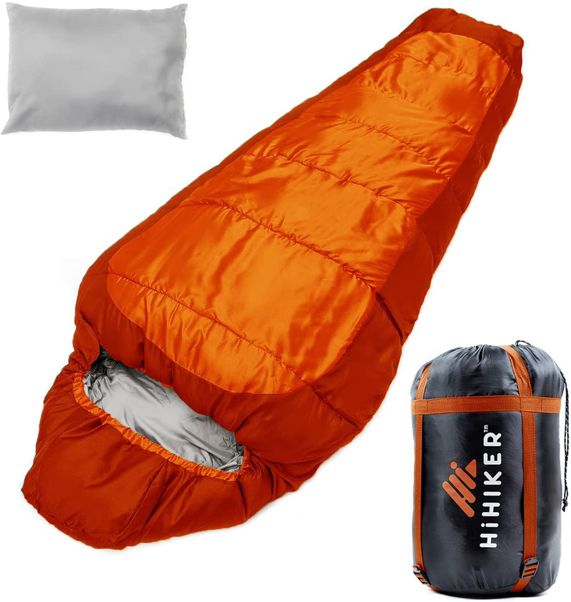 Hihiker Mummy Bag + Travel Pillow W/Compact Compression Sack – 4 Season Sleeping Bag for Adults & Kids – Lightweight Warm and Washable, for Hiking Traveling & Outdoor Activities Sporting Goods > Outdoor Recreation > Camping & Hiking > Sleeping BagsSporting Goods > Outdoor Recreation > Camping & Hiking > Sleeping Bags HiHiker Orange  