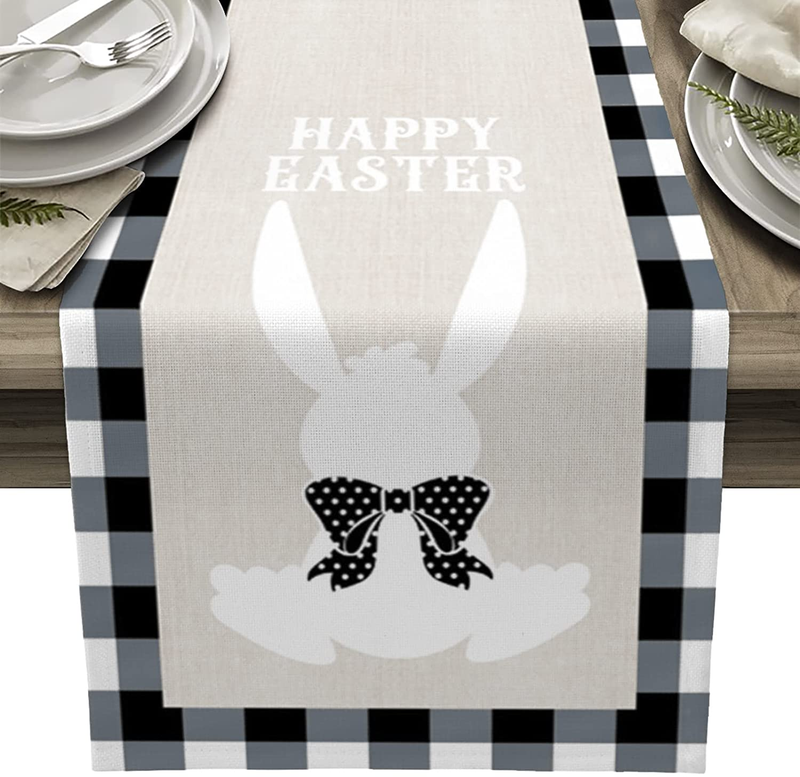 OYATON Happy Easter Bunny Table Runner with Black and White Gingham Buffalo Plaid, 13 X 72 Easter Day Home Decoration for Dining Table, Easter Spring Vintage and Farmhouse Kitchen Decor (Plaid) Home & Garden > Decor > Seasonal & Holiday Decorations OYATON   