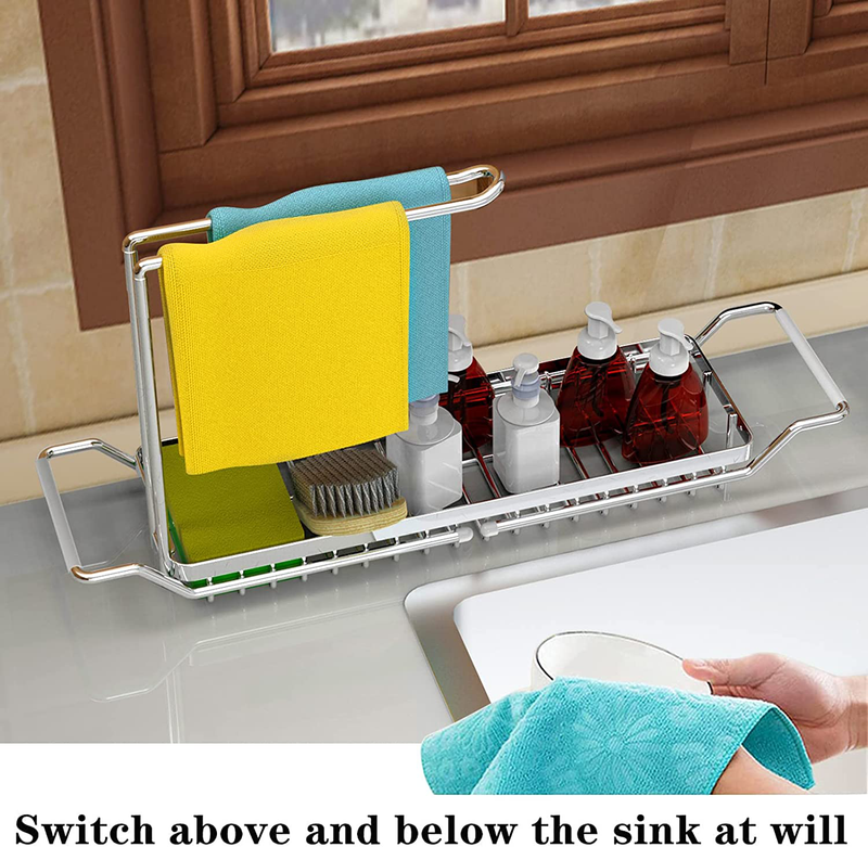 Sponge Holder for Kitchen Sink, Stainless Steel Telescopic Sink Storage Rack, Expandable (15.5"-21.3") Sink Caddy Organizer with Dishcloth Towel Holder, Telescopic Sink Holder for Home (Black) Home & Garden > Kitchen & Dining > Food Storage Mindore   