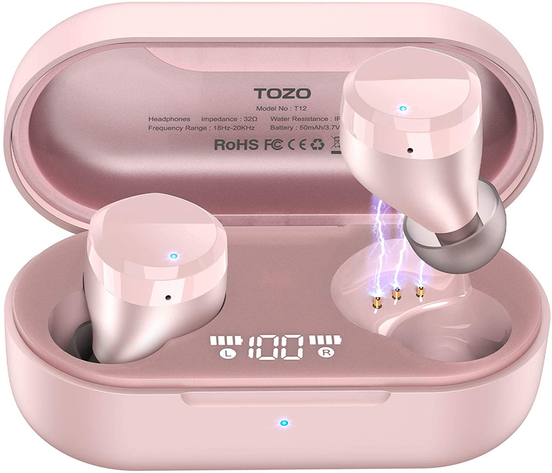 TOZO T12 Wireless Earbuds Bluetooth Headphones Premium Fidelity Sound Quality Wireless Charging Case Digital LED Intelligence Display IPX8 Waterproof Earphones Built-in Mic Headset for Sport Black