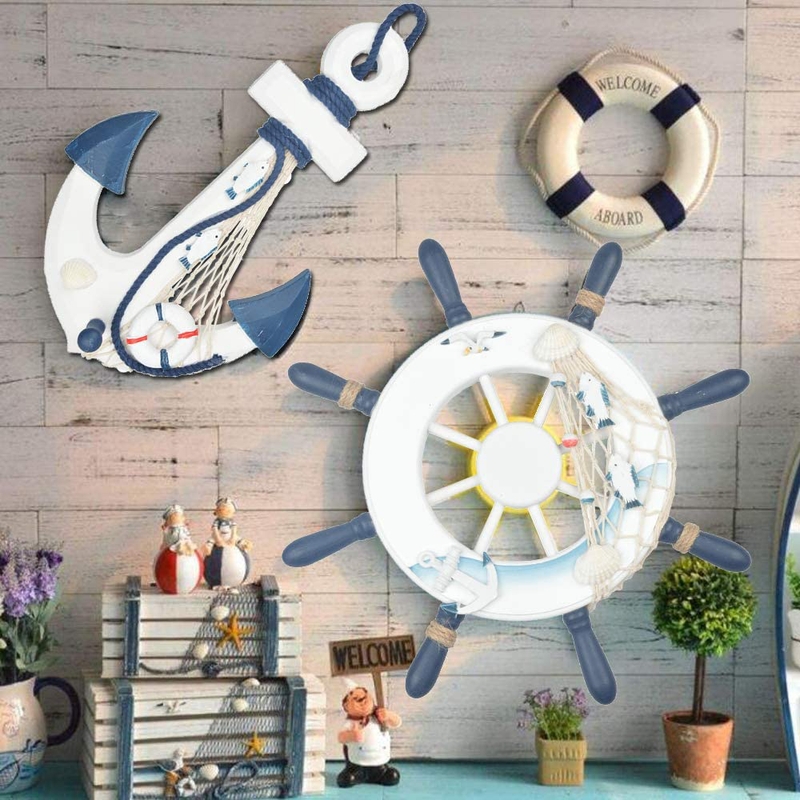 Meching Nautical Decor 2 Pack 13" Wooden Ship Wheel and Wood Anchor with Rope Nautical Boat Steering Rudder Wall Decor Door Hanging Ornament Home & Garden > Decor > Artwork > Sculptures & Statues Meching   