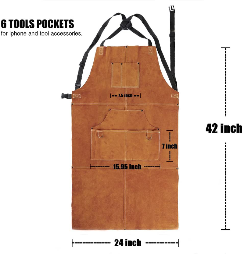 QeeLink Leather Welding Apron - Heat & Flame-Resistant Heavy Duty Work Forge Apron with 6 Pockets, 42" Large & Cross Back Extra Long Strap, Adjustable M to XXXL for Men & Women (Brown) Hardware > Tool Accessories > Welding Accessories QeeLink   