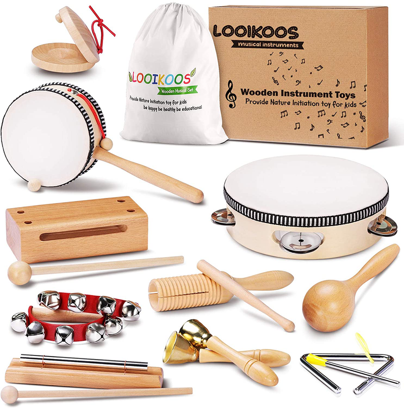 LOOIKOOS Toddler Musical Instruments Natural Wooden Percussion Instruments Toy for Kids Preschool Educational, Musical Toys Set for Boys and Girls with Storage Bag  LOOIKOOS The Original Wood Color  