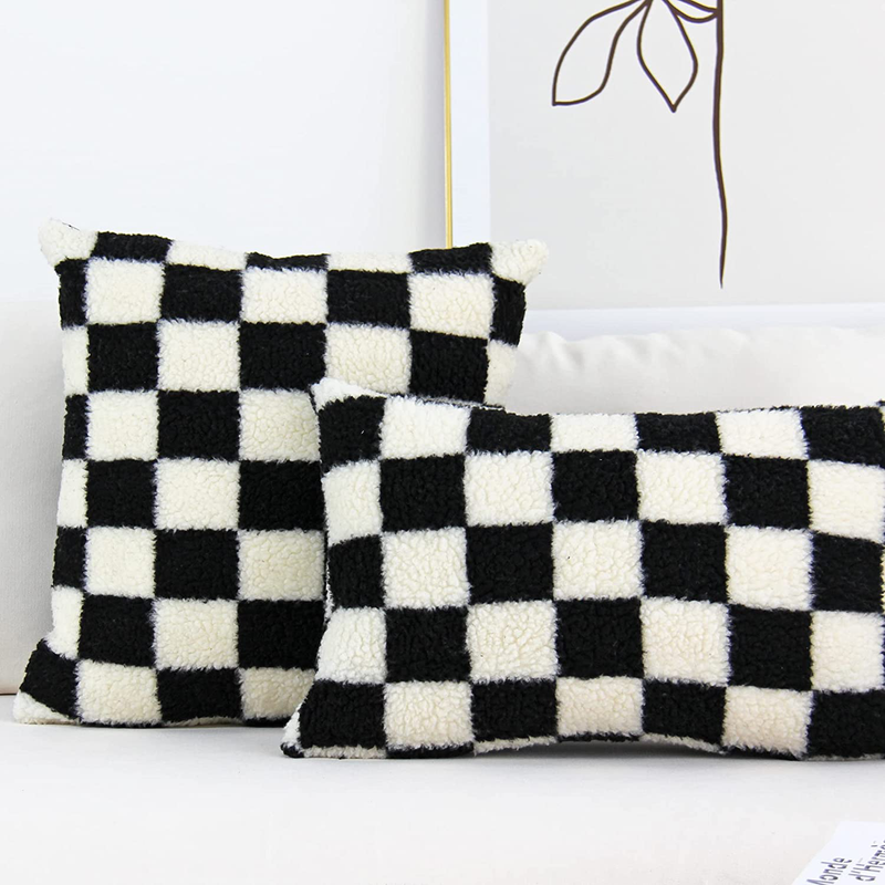 JOJUSIS Decorative Throw Pillow Covers Luxury Style Checkerboard Pattern Cushion Case Super Soft Faux Fur Wool Pillowcases for Couch Bedroom Pack of 2 18 X 18 Inch Home & Garden > Decor > Chair & Sofa Cushions JOJUSIS   