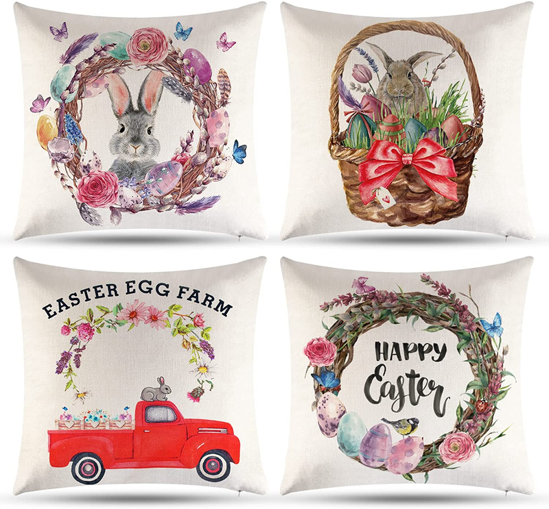 Easter Decorations Throw Pillow Covers 18 X 18 Set of 4, Easter Bunny Eggs Pillow Covers Spring Decorations for Home Farmhouse Indoor Outdoor Linen Cushion Case for Couch Sofa Happy Easter Home Decor