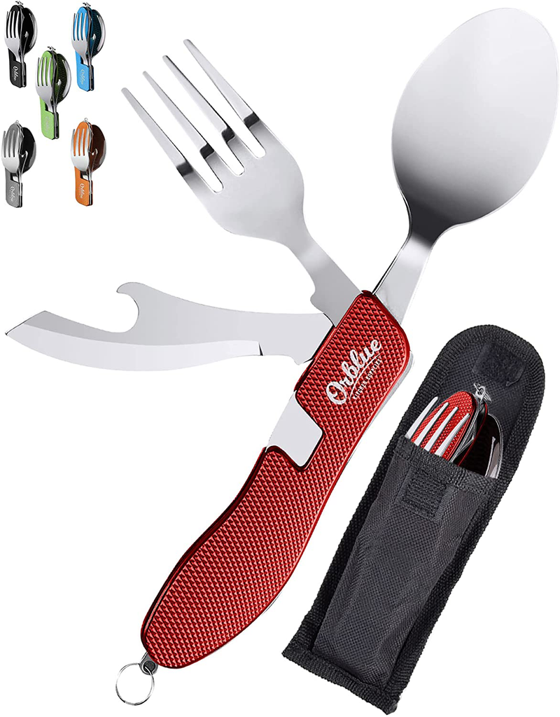 Orblue 4-In-1 Camping Utensils, 2-Pack, Portable Stainless Steel Spoon, Fork, Knife & Bottle Opener Combo Set - Travel, Backpacking Cutlery Multitool Sporting Goods > Outdoor Recreation > Camping & Hiking > Camping Tools Orblue Live Red  