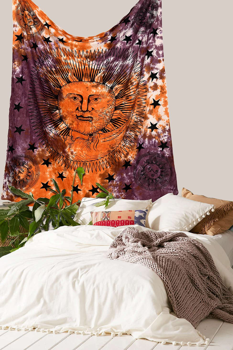 Marubhumi Psychedelic Sun Moon Stars Tie Dye Mandala Tapestry Hippie Hippy Celestial Wall Hanging Indian Trippy Bohemian Tapestries (Multi, 55 X 85 Inch (140 x 215 Cms) Home & Garden > Decor > Artwork > Decorative Tapestries Marubhumi Purple Orange 54 X 60 Inch 