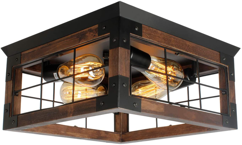 JHLBYL Farmhouse Wood Flush Mount Ceiling Light,Black Metal Rustic Close to Ceiling Lighting Industrial Square Wire Cage Ceiling Light Fixture with 4 E26 Blub Socket for Farmhouse Kitchen Dining Room