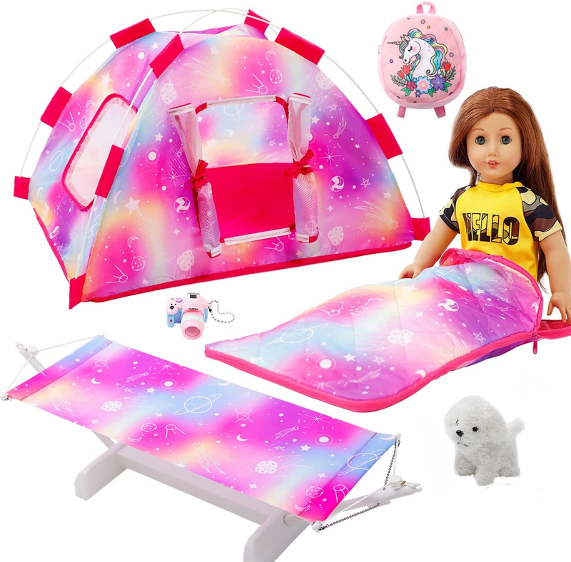 HOAKWA American 18 Inch Girl Dolls Camping Tent Accessories Set - Include Doll Camping Tent, Doll Hammock Bed, Sleeping Bag, Camera, Backpack, Toy Dog - 6 Items Fits My Life, Generation, Journey Dolls