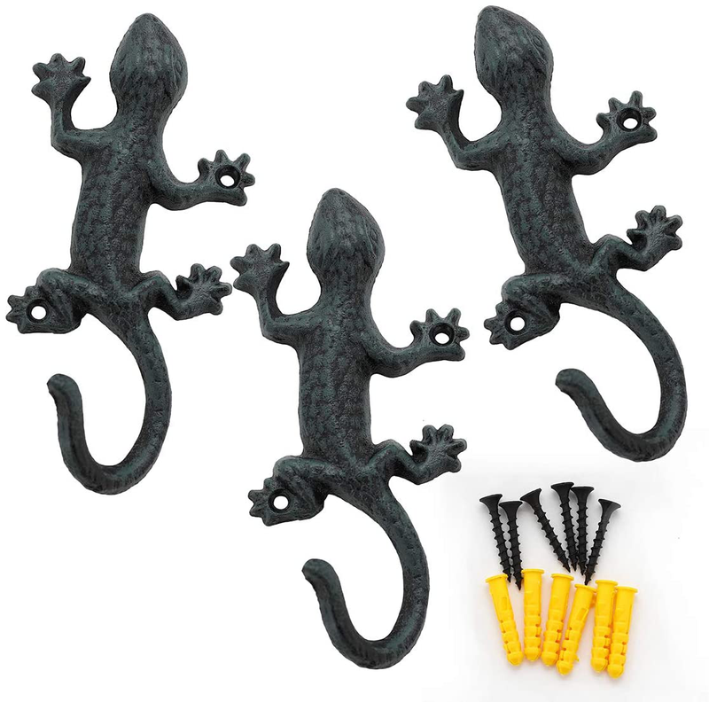 Coat Hooks Hanging Wall Mounted Rustic Decorative Gecko Hook, Cast Iron 6 Inch Key Holder Wall Decor, Set of 3 Home & Garden > Decor > Seasonal & Holiday Decorations ChasBete Default Title  