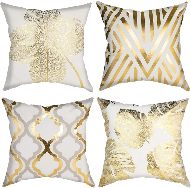JUFANGFIN Gold Foil Geometric Throw Pillow Covers 18X18 Inch,Set of 4 Farmhouse Geometric Leaves Dercoration,Square Couch Sofa Cushion Covers for Living Bed Room,Outdoor Patio Home Decor(Gold Foil-1) Home & Garden > Decor > Chair & Sofa Cushions JUFANGFIN Gold Foil-1  