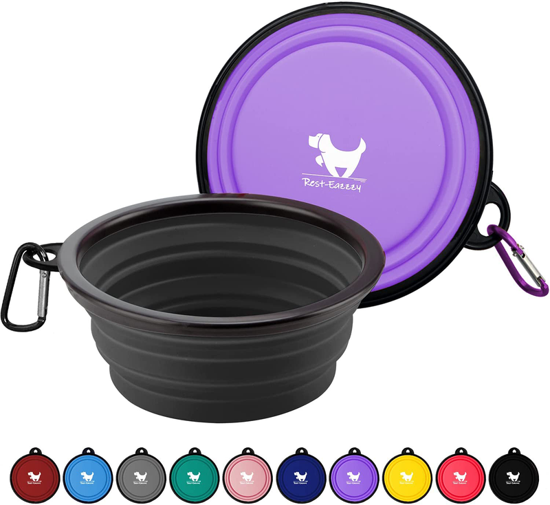 Rest-Eazzzy Expandable Dog Bowls for Travel, 2-Pack Dog Portable Water Bowl for Dogs Cats Pet Foldable Feeding Watering Dish for Traveling Camping Walking with 2 Carabiners, BPA Free  Rest-Eazzzy purple&black Medium 