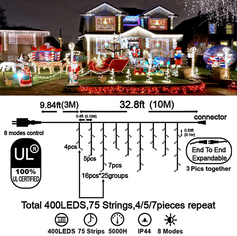 Christmas Decorations Lights Outdoor, 400 LED 32.8 FT 8 Modes 75 Drops Fairy String Curtain Lights for Christmas Decor Eaves Window Party Yard Garden Indoor (Cold White) Home & Garden > Decor > Seasonal & Holiday Decorations& Garden > Decor > Seasonal & Holiday Decorations Linhai Baoguang Lighting Co.,Ltd   