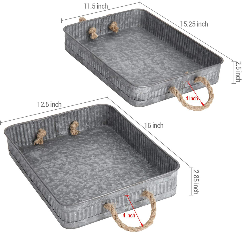 MyGift Rustic Silver Galvanized Metal Nesting Serving Trays with Rope Handles, Set of 2 Home & Garden > Decor > Decorative Trays MyGift   