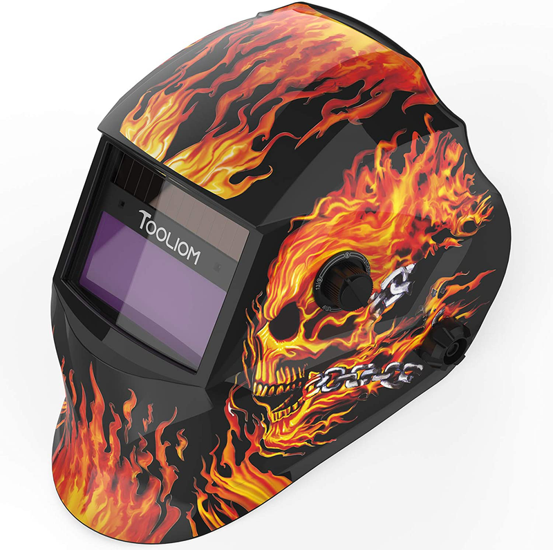 TOOLIOM True Color Welding Helmet Auto Darkening Welding Mask with Shade Range 9-13 Solar Powered Weld Hood Flaming Skull Style for TIG MIG ARC