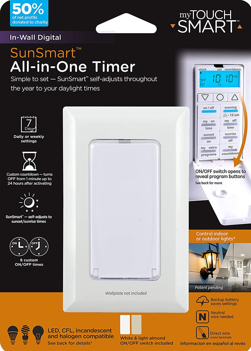 myTouchSmart 24-Hour in-Wall Digital Timer, 4 Programmable Easy On/Off Buttons, Daily Cycle, Simple Setup, Battery Backup, for Indoor/Outdoor Lights, Fans, 26893, 1, 2 Custom On/Off Home & Garden > Lighting Accessories > Lighting Timers myTouchSmart All-in-one  