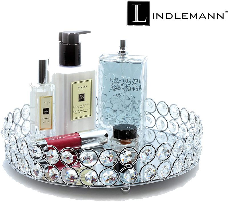 LINDLEMANN Mirrored Crystal Vanity Tray - Ornate Decorative Tray for Perfume, Jewelry and Makeup (Round, 10 inches, Silver) Home & Garden > Decor > Decorative Trays LINDLEMANN   