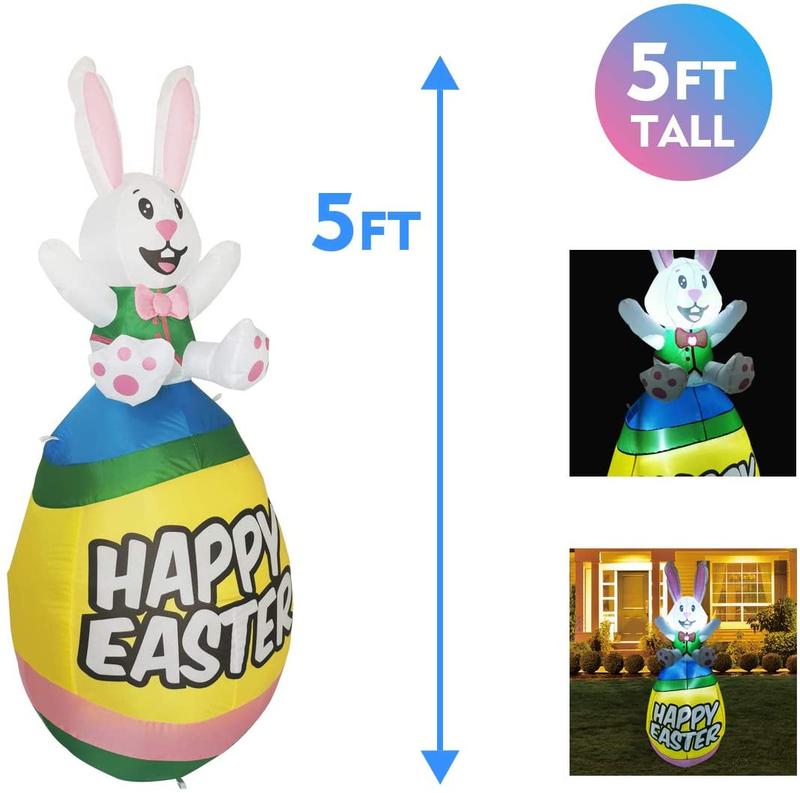 GOOSH 5 FT Height Easter Inflatables Outdoor Bunny Sitting on the Easter Egg, Blow up Yard Decoration Clearance with LED Lights Built-In for Holiday/Easter/Party/Yard/Garden