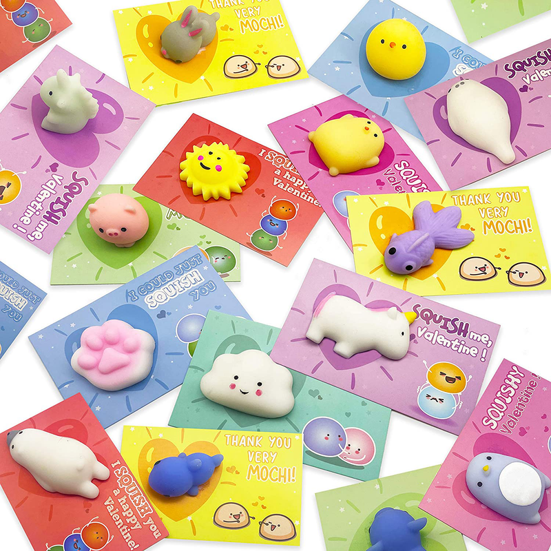 Kiddokids 28 Valentines Day Gift Cards with Cute Kawaii Mochi Squishy to Squeeze for Kids School Classroom Valentine’S Exchange Greeting Cards