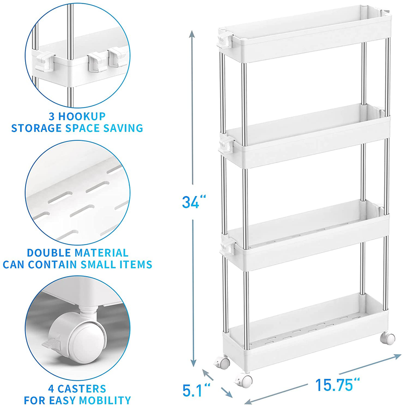 SPACEKEEPER 4 Tier Slim Storage Cart Mobile Shelving Unit Organizer Slide Out Storage Rolling Utility Cart Tower Rack for Kitchen Bathroom Laundry Narrow Places, Plastic & Stainless Steel, White Home & Garden > Kitchen & Dining > Food Storage SPACEKEEPER   