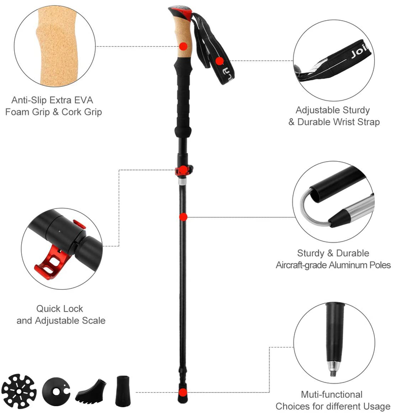 Joiry Collapsible Trekking Poles Adjustable 42”-50” Lightweight Aluminum 7075 Walking Hiking Sticks for Women Men with anti Slip Cork Grip and Tip Set - One Pair