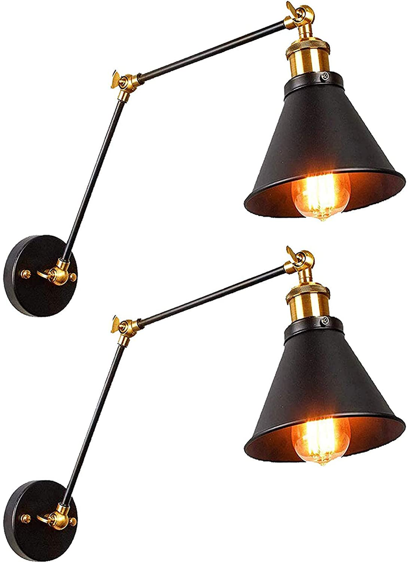 JIGUOOR Plug in Wall Sconce, Swing Arm Wall Lamp with Plug in Cord, Vintage Industrial Wall Mounted Light Fixtures with on off Switch for Living Room, Bedroom, Farmhouse, E26 Base, UL Listed (2 Pack)