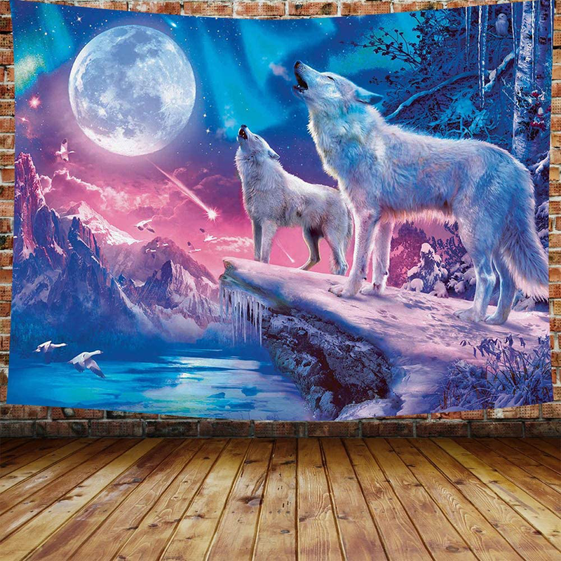 DBLLF Cool Wolf Tapestry Fantasy Animals Moon Tapestry for Boys Men Bedroom Colorful Aesthetic Blue Galaxy Mountian Forest Tapestry 80”60” Flannel Large Art Tapestries for Living Room Dorm DBLS855 Home & Garden > Decor > Artwork > Decorative TapestriesHome & Garden > Decor > Artwork > Decorative Tapestries DBLLF 80Wx60L  
