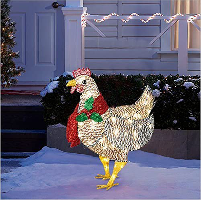 Light-Up Chicken With Scarf Holiday Decoration, 1Pc Led Metal Chicken Christmas Ornaments, for Christmas Thanksgiving Lawn Courtyard Outdoor Garden Corridor Atmosphere Decoration (Big + Small)