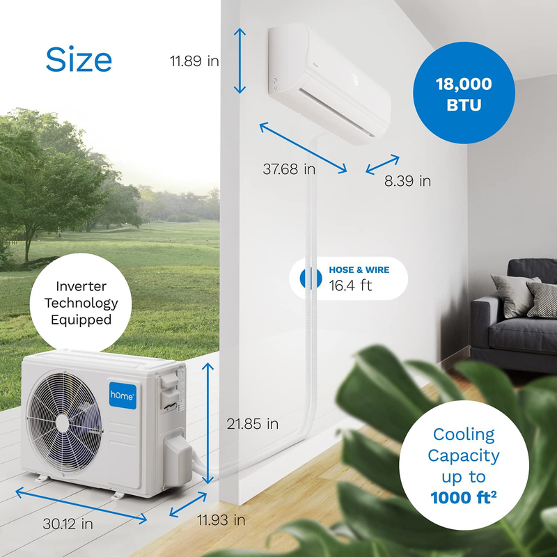 hOmeLabs Split Type Inverter Air Conditioner with Heat Function — 18,000 BTU 230V — Low Noise, Multimode Air Conditioning with a Washable Filter, Stealth LED Display, and Backlit Remote Control