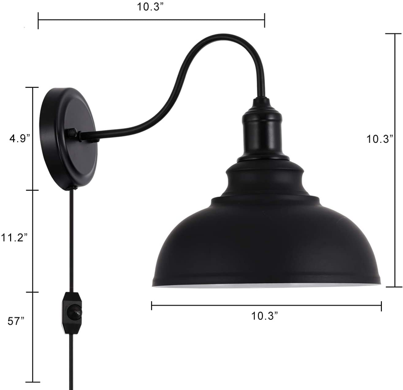 Larkar Dimmable Vintage Wall Lamp Black Industrial Vintage Farmhouse Wall Sconce Lighting Gooseneck Wall Light Fixture with Plug in Cord and on off Toggle Switch for Bedroom Nightstand, Set of 2