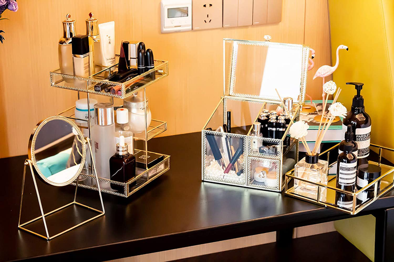 Display4top Tray Mirror,Decorative Countertop Organizer,Vintage Gold Mirrored Glass Metal Tray Ornate Tray Jewelry Perfume Organizer Makeup Tray for Vanity,Dresser,Bathroom,Bedroom(12"x7.4"x2")