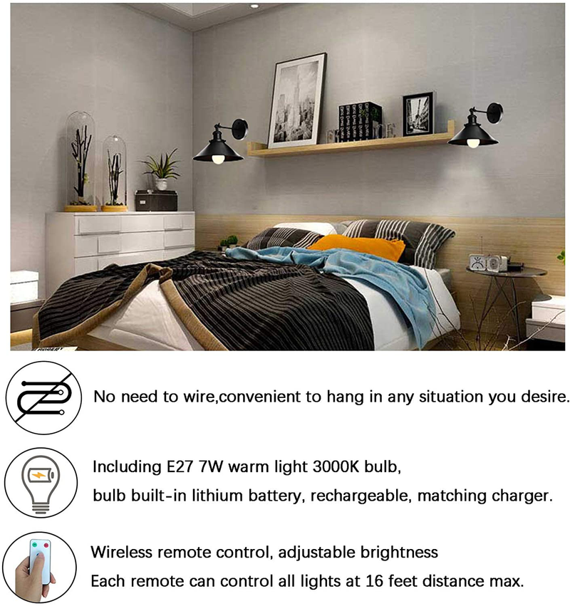 Civaza 2 Light Black Wall Sconces Adjustable Swing Arm Wall Lamp, Led Remote Control Battery Operated Indoor Wireless Dimmable Wall Mount Light Fixture for Loft Bedroom, Battery Light Bulb Included