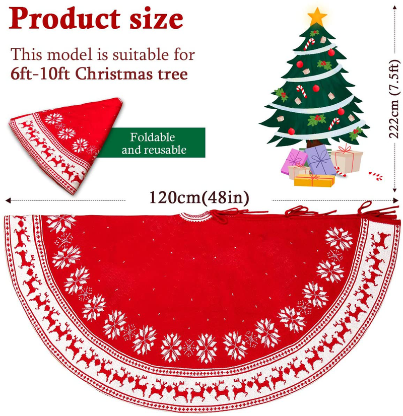 FUNSEED Christmas Tree Skirt, 48 Inches Large Thick Knitted Red Reindeer and White Snowflakes Pattern Knit Xmas Tree Mat for Holiday Family Home Decoration