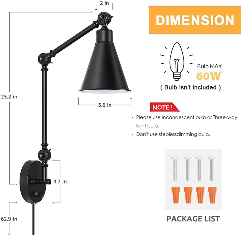 HAITRAL Swing Arm Wall Sconces 2 Pack- Modern Wall Lamps, Dimmable Lamp with Mounted Light Fixtures for Home Decor Headboard Bathroom Bedroom Farmhouse Porch Garage - Black (Bulb Not Included)