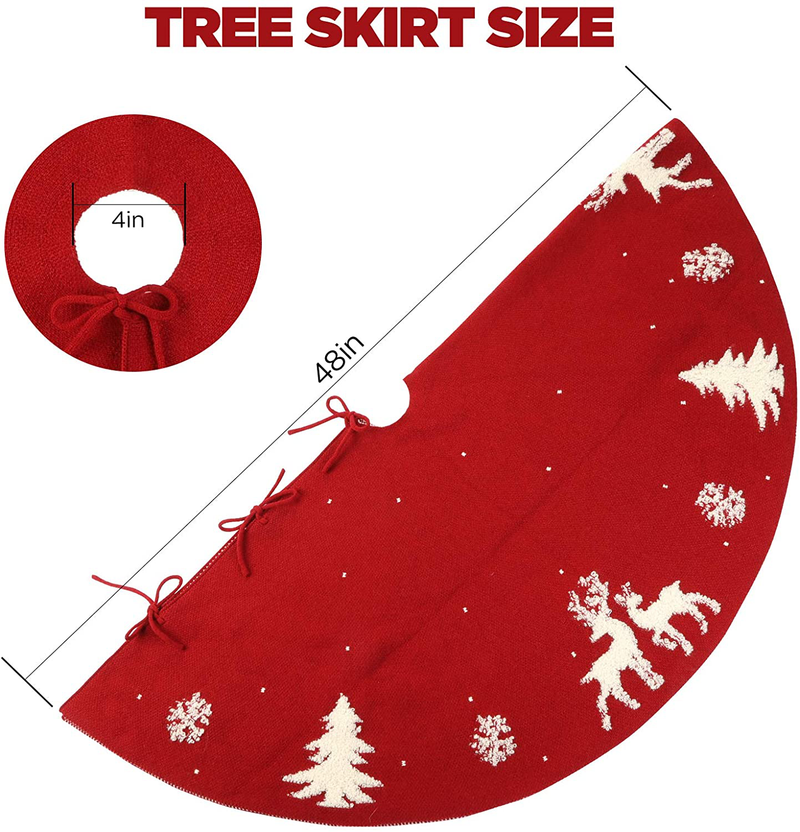 iWedn Christmas Tree Skirt 48 Inch Knit Rustic Red Xmas Tree Skirt Decoration (Deer, Trees(3D Pattern))