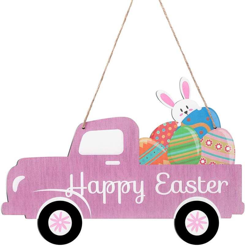 Happy Easter Wooden Sign Easter Hanging Door Sign Truck with Eggs and Bunny Spring Decor Colorful Welcome Wall Plaque for Yard Indoor Outdoor Garden Decorations Home & Garden > Decor > Seasonal & Holiday Decorations Jetec   