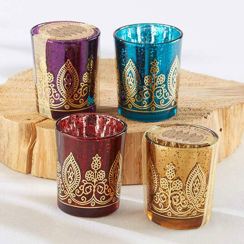 Kate Aspen Indian Jewel Henna Glass Votives, Tealight Candle Holders, Wedding Decorations/Favors, Assorted Colors (Set of 4) (20177NA)