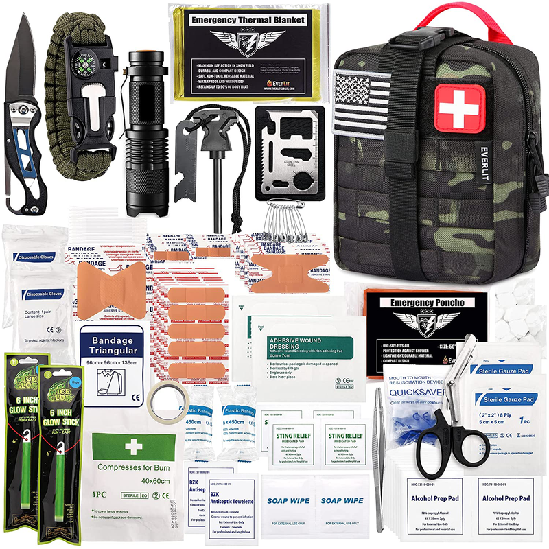 EVERLIT 250 Pieces Survival First Aid Kit IFAK Molle System Compatible Outdoor Gear Emergency Kits Trauma Bag for Camping Boat Hunting Hiking Home Car Earthquake and Adventures Sporting Goods > Outdoor Recreation > Camping & Hiking > Camping Tools EVERLIT Black Camo  