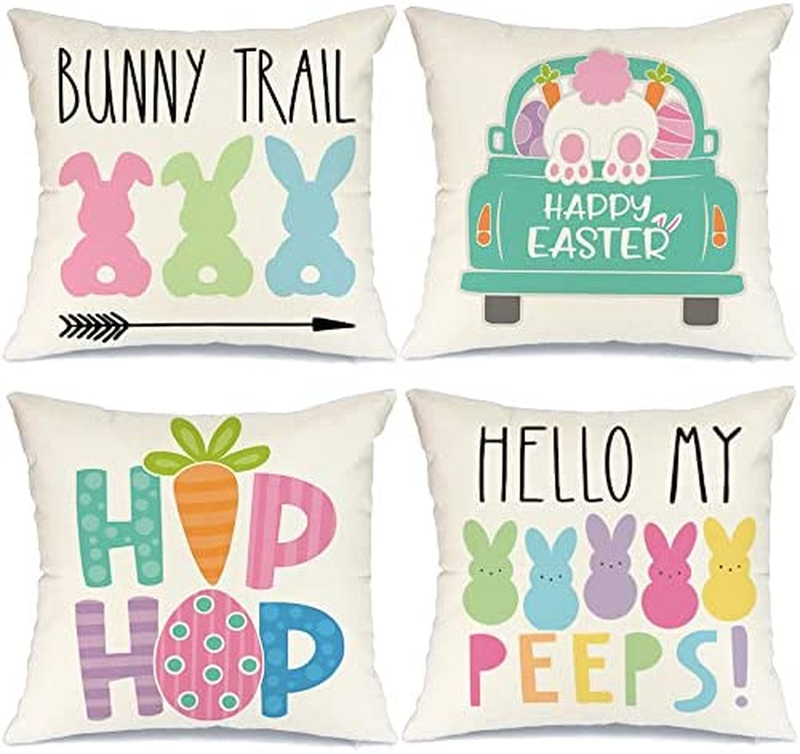 Easter Pillow Covers 18X18 Set of 4 Easter Decorations for Home Bunny Truck Hello Peeps Hip Hop Pillows Easter Decorative Throw Pillows Spring Easter Farmhouse Decor A477-18 Home & Garden > Decor > Seasonal & Holiday Decorations AENEY Multicolor 16"x16" 