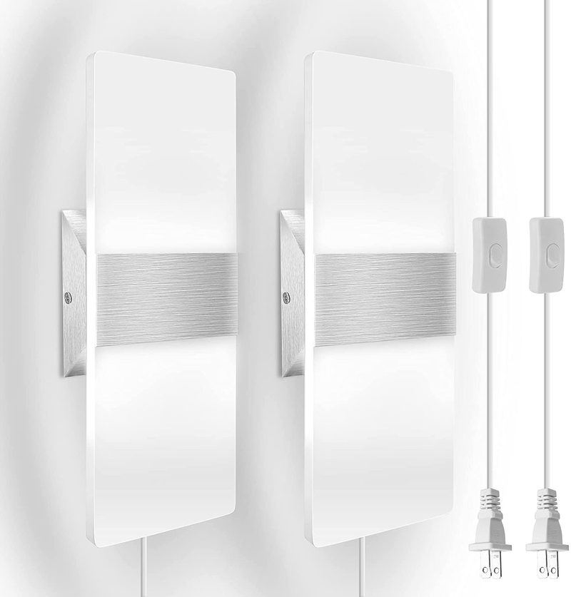 Modern Wall Sconce JACKYLED Set of 2 with 6FT Plug in Wall Lights , Acrylic LED White Wall Sconce Lighting for Living Room Bedroom Hallway Room Decor-12W 6500K Cool White
