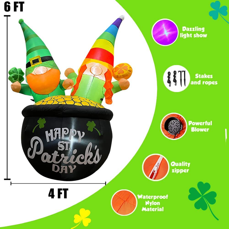 SEASONBLOW 6 Ft LED Light up Inflatable St. Patrick'S Day Gnomes Couple with Shamrock Sitting in Gold Pot Decoration for Home Yard Lawn Garden Indoor Outdoor Arts & Entertainment > Party & Celebration > Party Supplies SEASONBLOW   
