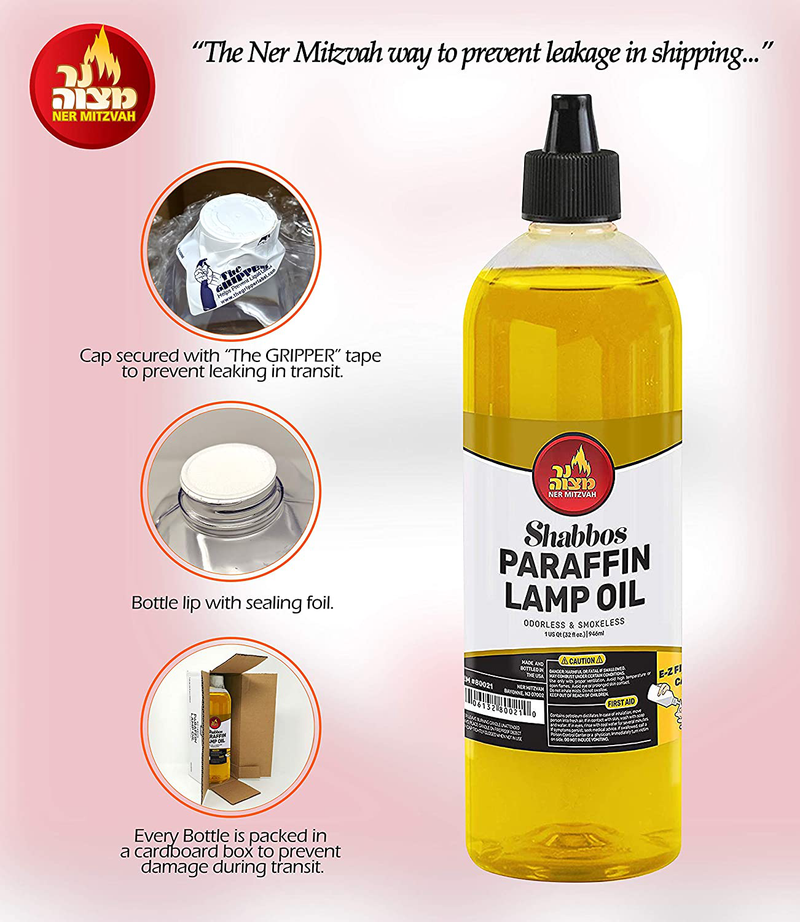 Ner Mitzvah Paraffin Lamp Oil - Yellow Smokeless, Odorless, Clean Burning Fuel for Indoor and Outdoor Use with E-Z Fill Cap and Pouring Spout - 32oz