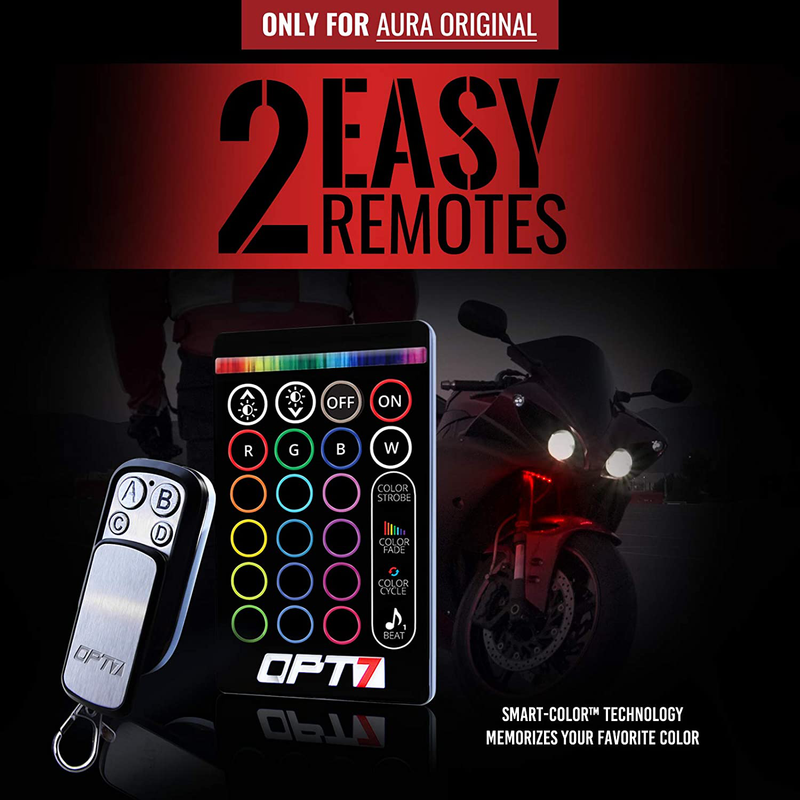 OPT7 Aura Motorcycle LED Accent Lighting Kit, RGB Multi-Color Lights Kit with Remote, Motorcycle Lights Underglow Strips Accessories with Switch for Sportsbike Cruisers, 10pc Double Row
