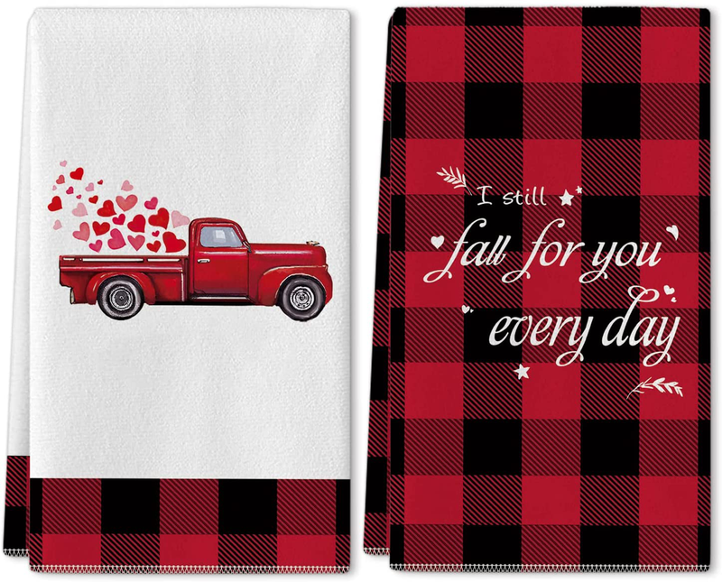Siilues Valentines Day Kitchen Towels, Valentines Kitchen Towels Valentines Kitchen Decor 18 X 28 Inch Kitchen Towels Red Truck Buffalo Plaid Kitchen Towels for Drying Dishes Cooking Baking Set of 2