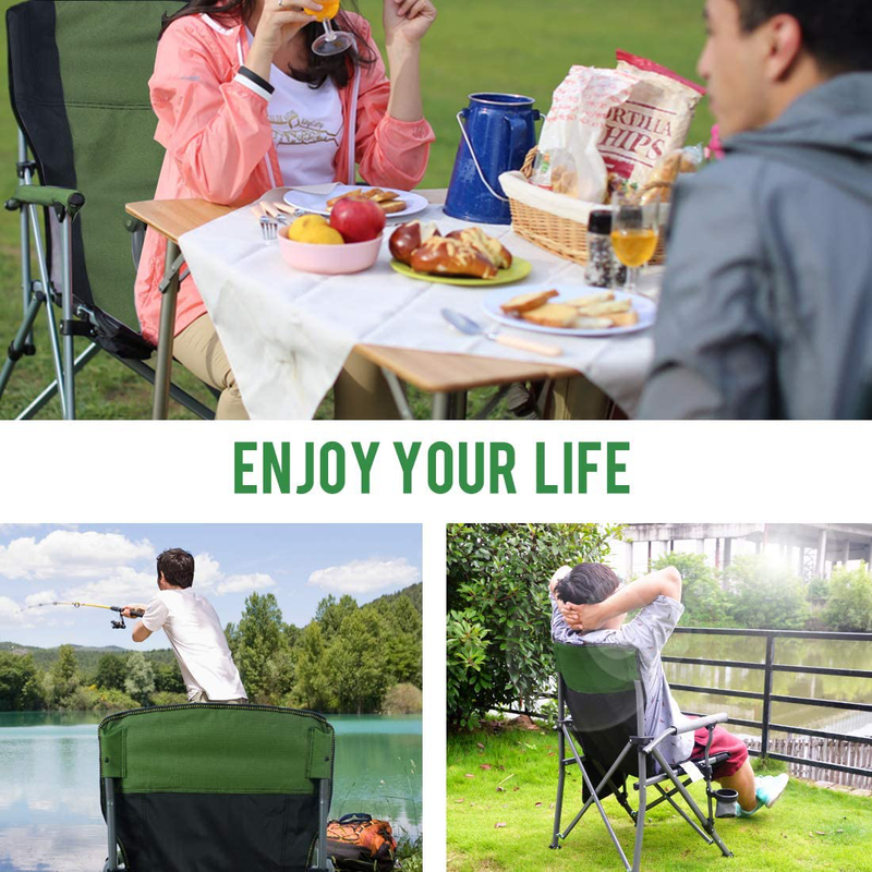 Homcosan Portable Camping Chair Folding Quad Outdoor Large Heavy Duty Support 330 Lbs Thicken 600D Oxford with Padded Armrests, Storage Bag, Beverage Holder, Carry Bag for Outside(Green)