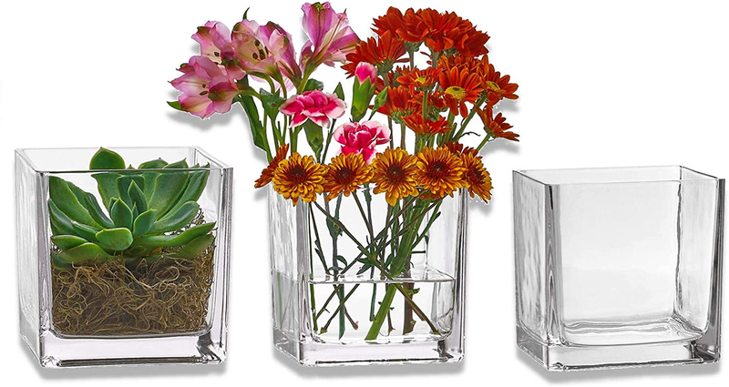 PARNOO Set of 3 Glass Square Vases 5 x 5 Inch – Clear Cube Shape Flower Vase, Candle Holders - Perfect as a Wedding Centerpieces, Home Decoration Home & Garden > Decor > Vases PARNOO Default Title  