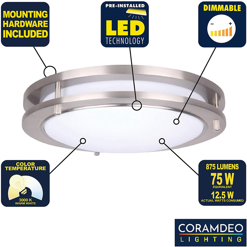 CORAMDEO 10 Inch LED Satin Nickel Ceiling Flush Mount Light for Hallways, Bedrooms, Entry, Built in LED Gives 100W of Light from 14W of Power, 980 Lumens, 3K, Dimmable, Nickel Finish, Acrylic Lens