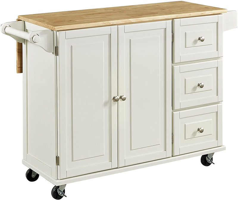 Homestyles Dolly Madison Kitchen Cart with Wood Top and Drop Leaf Breakfast Bar, Rolling Mobile Kitchen Island with Storage and Towel Rack, 54 Inch Width, Off-White